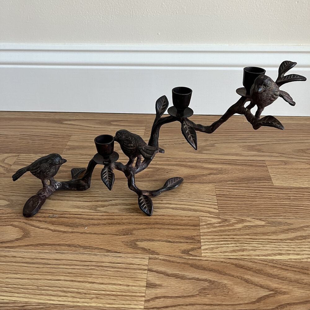 Vintage patinated brutalist abstract birds on branch candelabra metal 3 candles